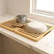 Wealone Stone Dish Drying Mat for Kitchen Counter, Fast Drying Diatomaceous Earth Stone Mat, Bamboo Foldable Case Design Pad Dish Rack, Water Absorbing Instant Dry Sink Rack for Dishes, Cups and More