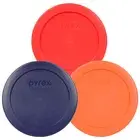 Pyrex 7200-PC 2 Cup Round 5" Storage Lid Cover 3 Pack Red Blue Orange New