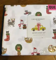 Cynthia Rowley Queen Sheet Set Holiday 4 Pc Christmas Cats Microfiber New