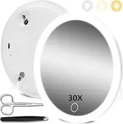 30X Magnifying Mirror with Lights, 6inch Travel Magnifying Mirror, Lighted Magnified Mirror with 3 Color Lights Dimmable Makeup 30X Magnification Mirror, Large 30X Magnifying Mirror with Suction Cups