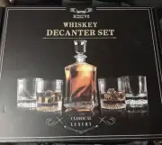 Whiskey Decanter Set With 4 Whiskey Glasses. Classic Decanter, Clear Stopper.