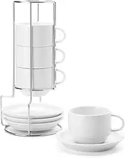 [Sweese] 406.101 Porcelain Stackable Cappuccino Cups with Saucers and Metal Stand - 8 Ounce for Specialty Coffee Drinks, Cappuccino, Latte, Americano and Tea - Set of 4, White