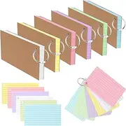 TECDW 300 Index Cards with Reinforced Kraft Paper Cover - 3x5 Inch Study Cue Cards, Colorful Flashcards for Learning, Office & Home (6 Assorted Colors + 6 Metal Key Rings)