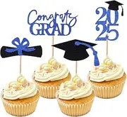 24Pcs Graduation Cupcake Toppers Glitter Class of 2025 Cupcake Toppers for Theme Party Decorations Graduation Cupcake Toppers Supplies (Blue)