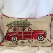 Christmas Tree Car Dog Embroidered Throw Pillow 14”x20” Velvet Back Feather Fill