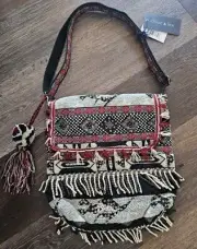 Chloe & Lex Canvas Tote Bag Purse Shoulder Crossbody Red Black Fringe Sequin Pom