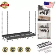 Stylish 35.4" Ceiling Pot Hanger with Mesh Shelf and Hooks - Charcoal Black