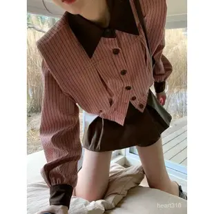 『Xuan美衣館』2023秋季法式撞色翻領粉色條紋上衣高腰百搭皮花苞裙兩件套設計感 EXPC