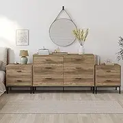 Merryluk Chest of Drawers Set of 3,Bronx Bedroom Storage Bundle,6-Drawer Dresser with 2 Bedside Tables, Natural Wood Grain Finish,Dresser for Bedroom Living Closet Hallway