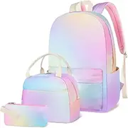 [DUPHLAGT] Kids Backpack for Girls, 3 In 1 Schoolbag with Lunch Box, Pencil Case for Elementary Girls Over 3 Years Old, Rainbow, Large, Travel Backpacks