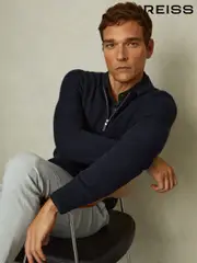 Reiss Navy Blue Regis Wool Half-Zip Polo Shirt (E04278) | $240