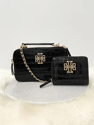 NWT Tory Burch Black Britten Croc Chain Top Handle Case Crossbody Bag + Wallet