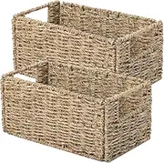 Vagusicc Wicker Storage Basket Set of 2 - Hand-Woven Organizers for Toilet Paper, Shelves - Foldable Large Cube Bins (Sea Grass)