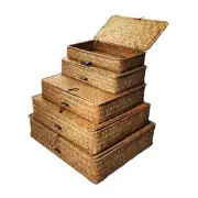 5 Pcs Seagrass Basket with Lid 5 Sizes Decorative Storage Boxes Rattan Wicker