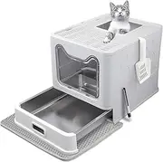 Blissify Enclosed Stainless Steel Litter Box, Large Kitty Litter Tray with Scoop & Drawer Design, Foldable Pet Toilet Box with High Sided, Anti-Leakage, Non-Sticky, Easy Cleaning, Grey