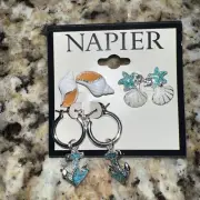 NEW NWT Women’s Napier 3 Pair Pretty Beachy Shells Nautical Earrings