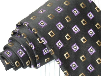 Ermenegildo Zegna Black Geometric Foulard Silk Tie Golden Tan & Lavender Purple