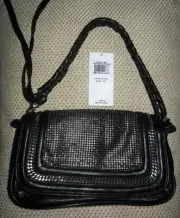$198 BCBG Maxazria Black Leather w/Mesh-Inset Clutch Purse Evening Hand Bag -NWT