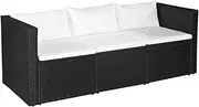Patio Sofa Furniture, Outdoor Sectional Sofa Garden Conversation Lounge Setting 3 Seater Garden Sofa Black Poly Rattan with White Cushions