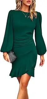 [Bcenoilua] Women's Long Sleeve Sexy Bodycon Ruffle Puff Sleeves Short Dresses Crossed Hem Cocktail Tight Party Dress Plain Evening Dress Round Neck Ball Dress for Festive Wedding
