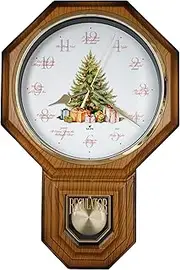 JUSTIME 14-inch Chiming Wall Clock with Pendulum Melody, Faux Wood Grain Christmas Wall Clock, Christmas Tree (PP-TCXM-TRE-WD)
