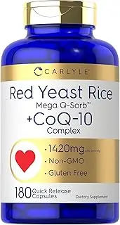 CoQ10 with Red Yeast Rice | 180 Capsules | Mega Q-Sorb 120mg & Red Yeast Rice 1200 mg | Non-GMO, Gluten Free Supplement | by Carlyle