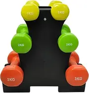 3 Pairs PVC Coated Iron Dumbbell - 12kg Weight Set - 1kg + 2kg + 3kg + Free Rack
