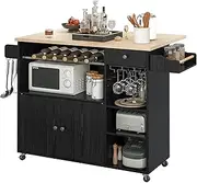 IRONCK Rolling Kitchen Island Cart with Drop-Leaf and Wine Rack, Microwave Rack Serving Cart on Wheels with Drawer & Shelves & Spice Rack & Cup Hanging, Black