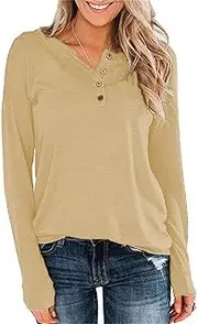 [Zylphorix] Women Knitted Pullover Button T Top Round Neck Button Long Sleeve T Shirt Casual Solid Color Tee Basic Buckle Blouse