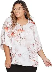 [BE ME] BeMe - Plus Size - Womens Summer Tops - Orange Basic - Floral - Work Clothes - Elbow Sleeve - Angel Criss Cross - Office Wear - Smart Casual Fashion 18