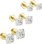 [IMINI] Unisex 3-5mm Square Princess Cut Cubic Zirconia Stud Earrings | 3 Pairs 18G Surgical Steel Cartilage Piercing Jewellery | Hypoallergenic Flat Back Screw Lock Design for Tragus & Helix