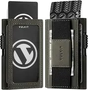 [VULKIT] Pop Up Wallet with ID Window and Cash Strap for Max. 8 Cards, Slim Aluminum Pop Up Card Case with Minimalist Leather Sleeve, Green