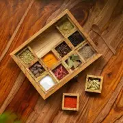 'Medley of Masalas' Wooden Indian Spice Box With Spoon (12 Removable Containe...