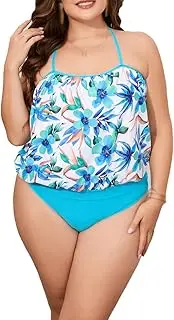 [JadeRich] Women's Plus Size Two Piece Floral Bathing Suit Halter Tankini Tummy Control Swimsuits