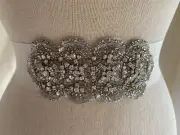 Pronovias Silver Bead, Sequin And Rhinestone Appliqué OffWhite Ribbon BridalBelt