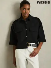Reiss Black Myrtle Cropped Twill Shirt Jacket (AN1104) | $465