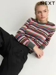 Multi Bright Stripe Crew Neck Long Sleeve Pattern Knitted Jumper (E55502) | $53