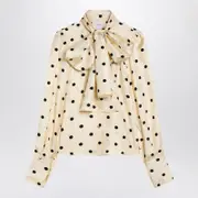 [Patou] Polka Dot Silk Blouse With Bow 36 FR Beige