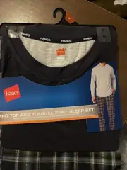 Hanes Men's Blue Plaid Knit Top And Flannel PJ Set Size M - New.
