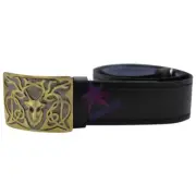 CC Scottish Highland Black Plain Leather Kilt Belt & Antique Stag Head Buckle