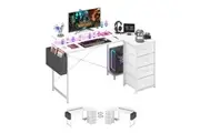 Advwin L Shaped Computer Desk 140cm Convertible with LED Lights & Power Outlets Corner Desk Walnut White