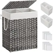 SONGMICS Laundry Hamper with Lid, 90L Clothes Hamper with 2 Removable Liner Bags & 6 Mesh Bags, Wicker Laundry Basket, Double Laundry Hamper for Bathroom, 13 x 18.1 x 23.6 Inches, Gray ULCB251G01V1