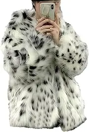 [MIYYO] Y2K Women's Short Faux Fur Coat, White Leopard Faux Fur Plush Jacket Thicken Fashion Suit Collar Coat Fluffy Long Sleeves Outwear