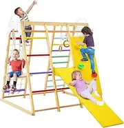 HONEY JOY 8-in-1 Kids Climbing Playset, Indoor Playground Jungle Gym for Children w/Slide, Climbing Rock/Net, Monkey Bars, Rope Ladder, Swing, Wooden Climber Playset for Kids Ages 1 + Years (Colorful)