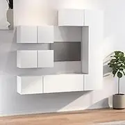 6 Piece White TV Stand Cabinet, Media Center, Entertainment, Storage, Living Room, Wall Mounted Engineered Wood Sets