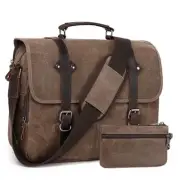 Vintage Messenger Bag, Leather Waxed Canvas Briefcase Large Satchel Coffee