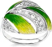 [JewelryWeb] 925 Sterling Silver Polished Green and Yellow Enamel Leaf And CZ Simulated Diamond Ring Band Style-Ring for Women