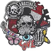 HEYTRCO 15PCS Punk Skull Iron on Patches, Scary Bone Finger Eyes Hearts Embroidered Repair Patches for Clothes, Cross Butterfly Applique for Hats, Jeans, Jackets, Bags, Backpacks, Dress, Shoes