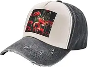 [YANYU] Beautiful Red Poppy Flower Print Fashion Washed Distressed Baseball Cap Vintage Adjustable Hat with Classic Brim, Black and White, One Size