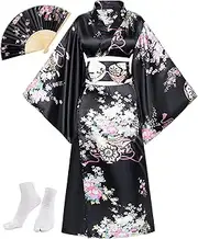 [Elibelle] Japanese Anime Women's Kimono Robe Geisha Yukata Sweet Dress Blossom Satin Bathrobe Sleepwear Fans Tabi Socks set